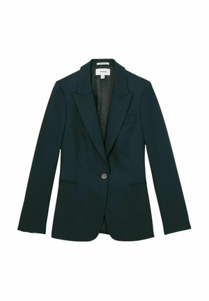 Donkergroene op maat gemaakte blazer met een enkele knoop, revers, voorzakken en een gladde textuur. Kenmerkt zich door een slanke, gestructureerde silhouette.