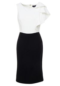 Robe blanche avec encolure asymétrique et détail de manche à volants ; jupe noire ajustée avec plis diagonaux. Fermeture éclair au dos.