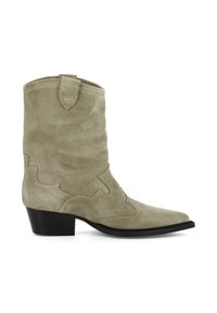 Stivale da cowboy verde in suede con punta affilata, cuciture decorative e tacco basso. Presenta un'etichetta per il richiamo nella parte superiore per una facile calzata.