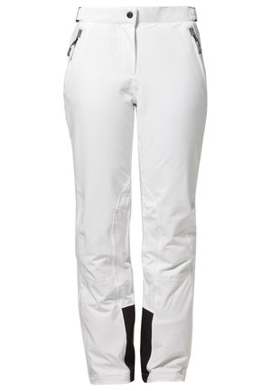 White skiing pants with black accents, featuring a smooth texture, zippered pockets, and a fitted design at the ankles.