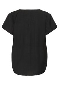 Black short-sleeve top with a relaxed fit, features a wide neck and a textured fabric. Hem is softly rounded, offering a casual design.