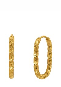 Goldfarbene Creolen haben ein strukturiertes, gehämmertes Finish mit einer runden Form und einem sicheren Verschluss. Jeder Ohrring zeigt ein facettiertes Design.