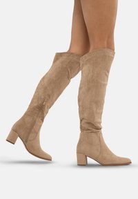 Botas de ante beige sobre la rodilla con punta cuadrada y tacón ancho. Detalle de cremallera lateral y textura suave.