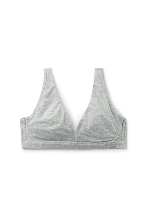 Lichtgrijze driehoekige bralette gemaakt van zacht stof, met brede bandjes en een naadloos ontwerp met een logolabel op de band.