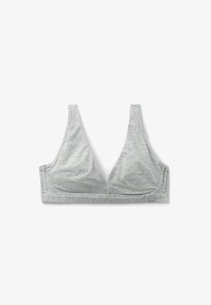 Hellgrauer, dreieckiger Bralette aus weichem Material, mit breiten Trägern und nahtlosem Design, das ein Logetikett am Bund aufweist.