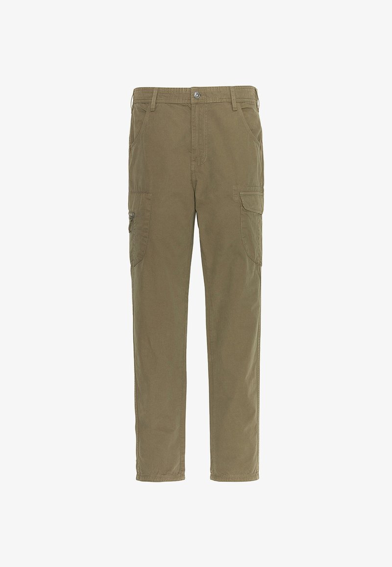 Pantalons cargo en khaki en coton. Dispose de deux poches latérales et de deux poches avant. Design à jambes droites avec une fermeture à bouton à la taille.
