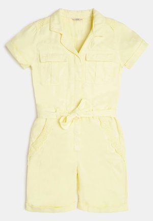 Gelber Kurzarm-Jumpsuit mit zwei Brusttaschen, Spitzendetails entlang der Seiten und einem Bindegürtel in der Taille. Baumwollmischgewebe.