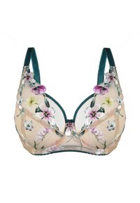 Biustonosz z nagiej siateczki, ozdobiony kolorową haftowaną florystyką. Posiada turkusowe ramiączka i falbany na brzegach. Z przodu drutowe wsparcie.