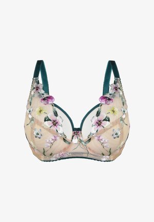 Biustonosz z nagiej siateczki, ozdobiony kolorową haftowaną florystyką. Posiada turkusowe ramiączka i falbany na brzegach. Z przodu drutowe wsparcie.