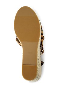 Leopard print platform sandal with a textured brown rubber sole, featuring a braided jute midsole and an adjustable ankle strap. Size 40.