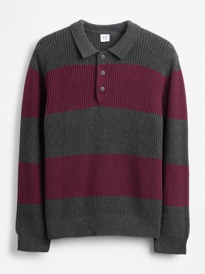 Pullover sweater in gray with burgundy horizontal stripes, featuring a collared neckline and three-button placket. Ribbed texture and cuffs.