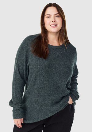 Tamsiai žalia megzta džemperis su laisvu siluetu, apvaliu iškarpymu ir ilgomis rankovėmis. Gauruota tekstūra suteikia vizualinį žavesį. Kasdienis dizainas.