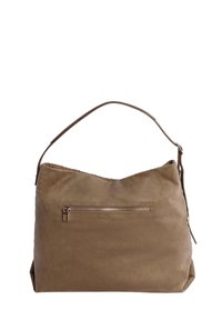 Bolso de mano de ante marrón con una sola correa ajustable para el hombro. Cuenta con un bolsillo con cremallera en la parte delantera y una estructura suave y caída.