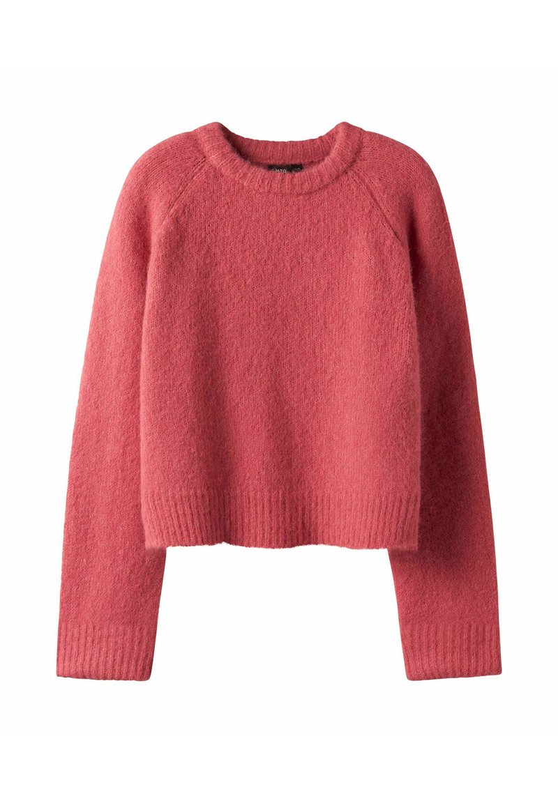 Pull rose tricoté à texture douce, col rond et manches raglan longues. Comprend des poignets et un ourlet côtelés. Longueur courte.