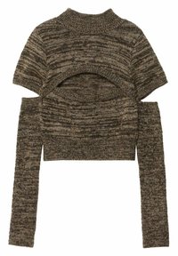 Maglione cropped marrone lavorato a maglia con maniche corte e schiena scoperta, e maniche lunghe. Presenta un motivo testurizzato e un collo alto.