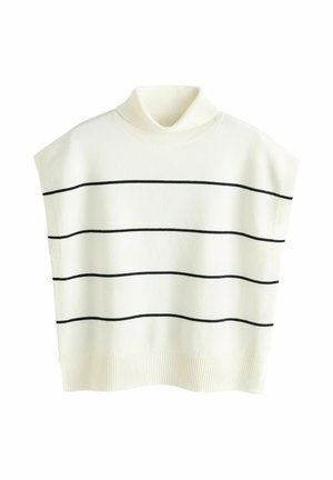 Kreemika värvi kootud kampsun mustade horisontaalsete triipudega. Disainitud poolkaelakaeluse ja lühikeste varrukatega. Pehme tekstuur ribiga detailidega.