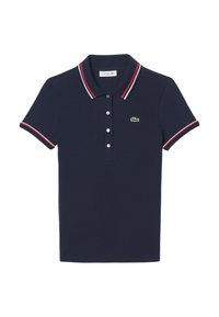 Navy blue cotton polo shirt with red and white striped collar and sleeve hems, featuring a five-button placket and a green logo on the chest.