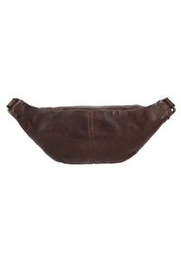 Brown leather fanny pack with a rounded shape, featuring a smooth texture and a central seam. Adjustable strap with brass hardware accents.