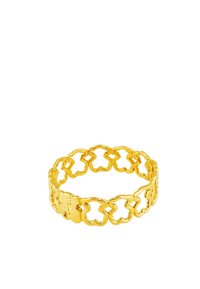 Złoty pierścionek z powiązanym wzorem z połączonych kształtów, z gładkim wykończeniem i solidnym zapięciem.