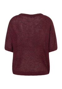 Burgundy knitted sweater, loose fit, short sleeves, open weave texture, and ribbed hem. Suitable for layering. Back view shown.