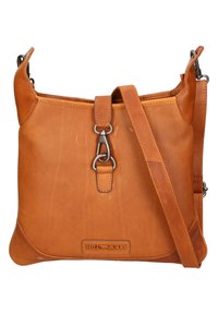 Borsa a tracolla in pelle marrone con una texture liscia, tracolla regolabile e finiture in tono argento. Presenta una chiusura frontale e un'etichetta con logo del brand.