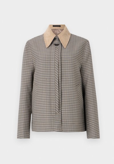 Camicia a quadri con colletto in corduroy beige. Presenta maniche lunghe, patta frontale e un motivo di tessuto testurizzato.