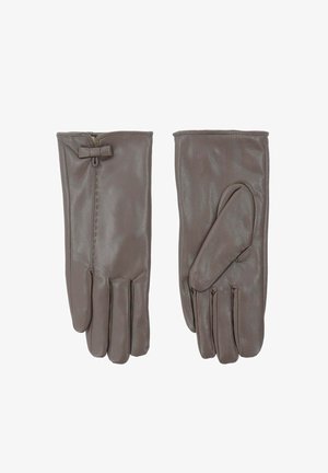 Leren handschoenen in een gedempte bruine kleur, voorzien van een strikdetail bij de pols en een gladde textuur met drie duidelijke vingers.