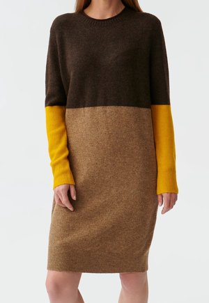 Kobieta w swetrowej sukience do kolan z blokami kolorów: ciemnobrązowym górnym partem, beżowym środkiem i musztardowożółtymi rękawami.