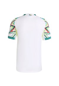 Weißes Sporttrikot mit kurzen Ärmeln, farbenfrohen Zickzackmustern an den Ärmeln und türkisfarbenem Abschluss an den Bündchen, von hinten betrachtet.