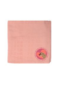 Peach-colored blanket with a grid pattern, featuring a graphic of a cartoon leopard in sunglasses with text around it. Soft texture.