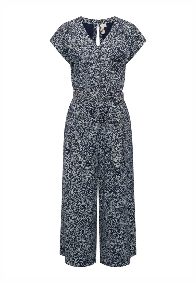 Marineblå jumpsuit med et blomsterhvidt mønster, korte ærmer, V-halsudskæring, knaplukning foran, indsnævret talje og vide bukser.