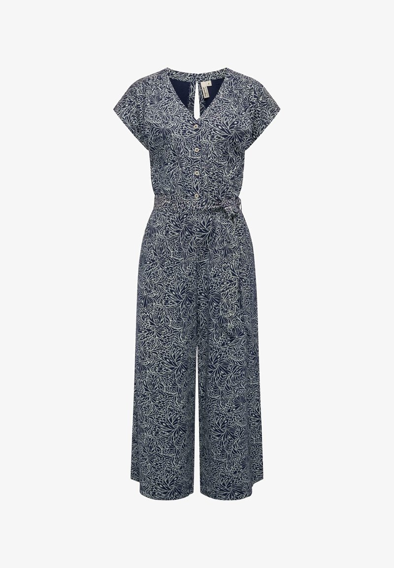 Marineblå jumpsuit med et blomsterhvidt mønster, korte ærmer, V-halsudskæring, knaplukning foran, indsnævret talje og vide bukser.