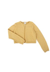 Cárdigan corto amarillo con mangas largas. Presenta un escote redondeado, ribete acanalado y bordes festoneados en el dobladillo y los puños.