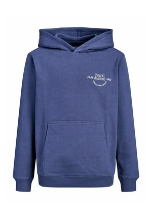 Blauer Hoodie mit langen Ärmeln, Fronttasche und weiß besticktem Schriftzug "Palacio de la Nube Madrid Boadilla del Monte" auf der Brust.