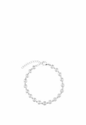 Pulsera de plata con eslabones en espiral circular y cierre de cadena ajustable sobre fondo blanco.