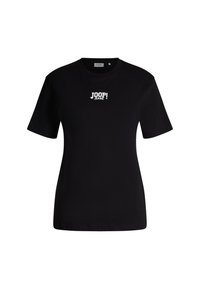 Schwarzes Baumwoll-T-Shirt mit kurzen Ärmeln, versehen mit einem weißen "JOOP! JEANS"-Logo auf der Vorderseite. Klassischer Rundhalsausschnitt.