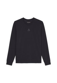 Zwarte katoenen sweatshirt met ronde hals en lange mouwen, voorzien van geribbelde manchetten en een subtiele MOP-logo in het blauw op de borst.
