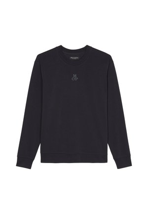 Mustahdi musta puuvillane crewneck-sweatshirt, millel on pikad varrukad ja soonikud, esitades rinna peal õrna sinise MOP logo.