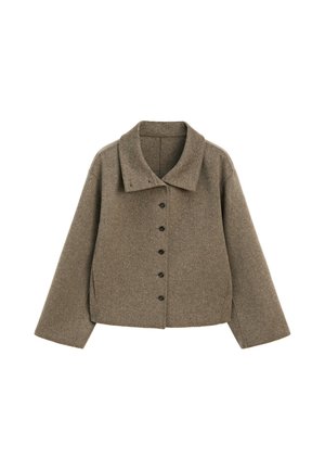Braune Jacke aus Wollmischung mit langen Ärmeln, breitem Kragen und sechs Knöpfen vorne, für kaltes Wetter konzipiert.