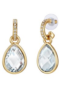 Auksiniai ašarėlės formos auskarai, kuriuose yra dideli, facetuoti skaidrūs dr gemstones, akcentuoti mažais žybsinčiais kristalais aplink kurtą. Pridedama skaidri atrama.