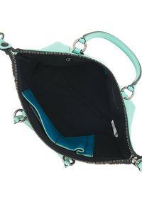 Borsa a mano verde menta con una texture liscia, apertura con zip e interno nero. Presenta tasche interne in un contrastante blu petrolio. Finiture in argento.