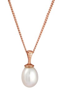 Collana in oro rosa con un pendant a forma di perla bianca rotonda e liscia. La catena presenta un design attorcigliato ed è contrassegnata con "925" per indicare l'argento sterling.