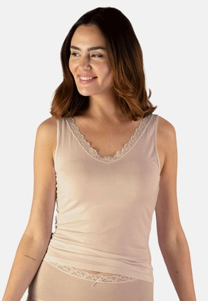 Beige camisole made of soft fabric, featuring a V-neckline with lace trim around the edges and a fitted design.