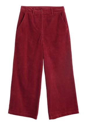 High-waisted wide-leg corduroy pants in deep red with button closure, belt loops, and front pockets.