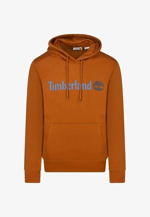 Sweatshirt orange avec une capuche, doté d'une poche kangourou, de cordons de serrage et du logo "Timberland" en bleu clair. Texture lisse.