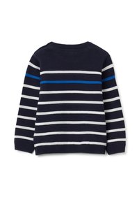 Marineblau gestreifter Pullover mit horizontalen weißen und blauen Streifen, Rundhalsausschnitt, langen Ärmeln und gerippten Bündchen und Saum.