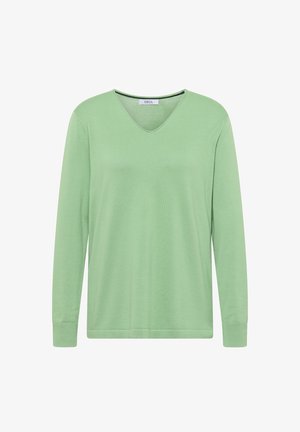 Pull vert clair à col en V manches longues avec poignets côtelés et ourlet droit, présenté sur fond blanc.