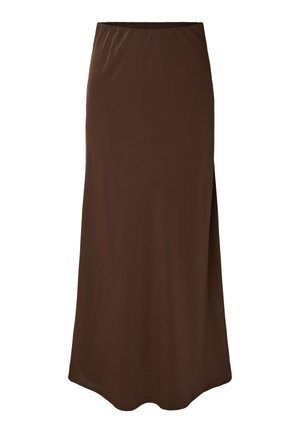 Jupe maxi marron avec taille haute et fente latérale, en tissu lisse et léger.