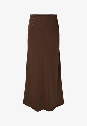 Jupe maxi marron avec taille haute et fente latérale, en tissu lisse et léger.