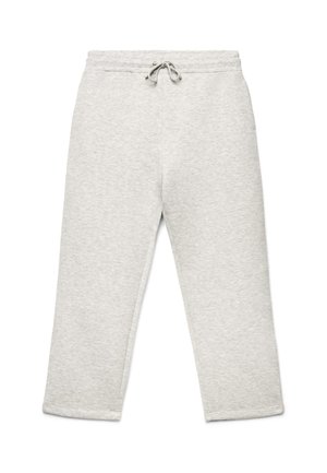 Pantaloni della tuta grigio chiaro con elastico in vita e coulisse, mostrati distesi su sfondo bianco.